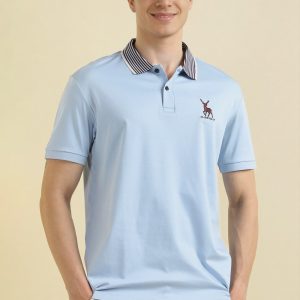 Men Light Blue Solid Polo Neck T-shirt